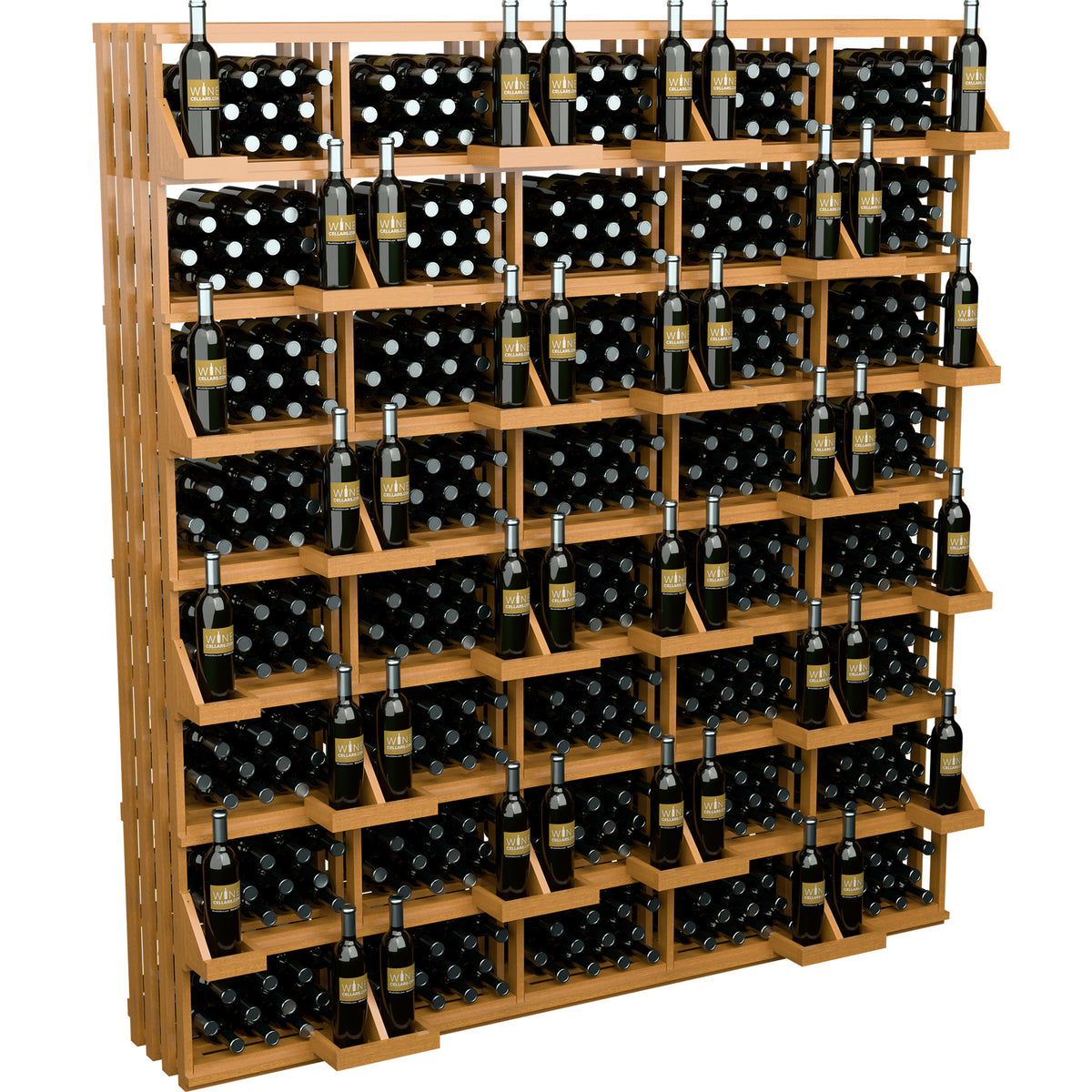 Wooden wine rack with tiered shelves, bottles, and black dotted bulk bins
