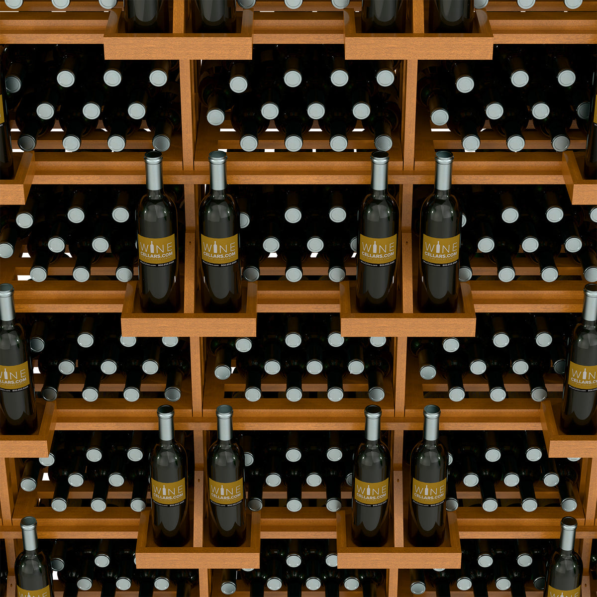 Close-up of wooden shelves with wine bottles stored in black dotted bulk bins