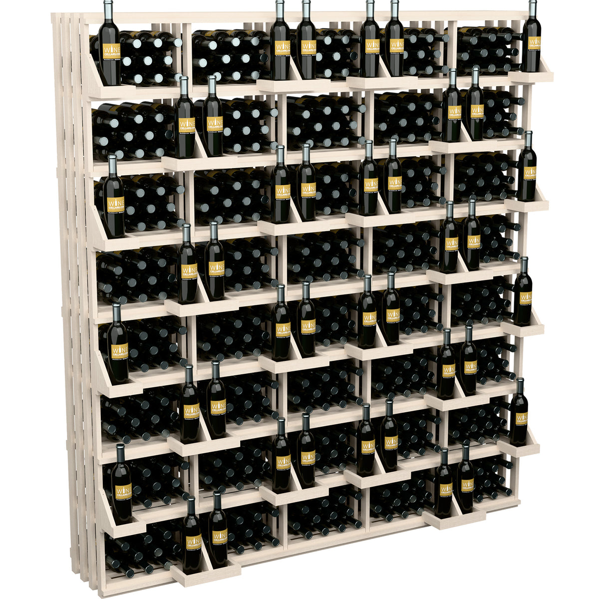 Wine bottle wall display with bulk bins, angled front view with white shelves and bottles