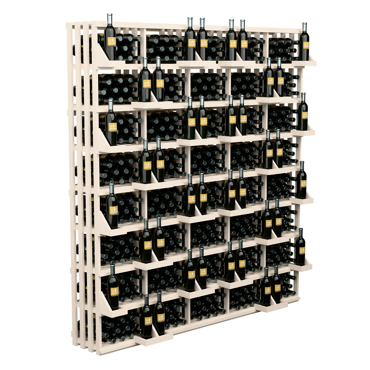 Light wood wine bottle wall display with stacked bulk-bin shelves and bottles