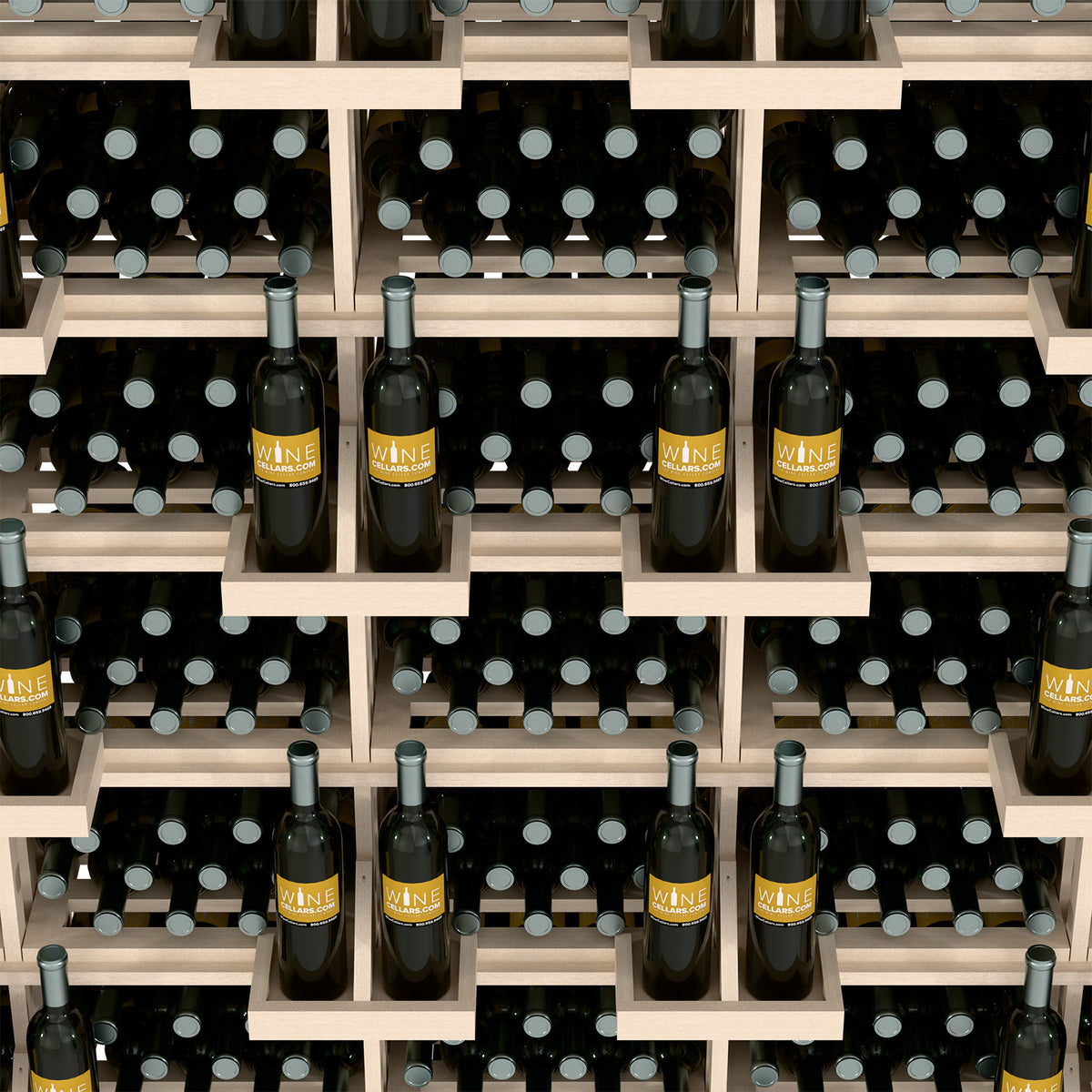 Wood wine bottle wall display close-up with open grid shelves and filled bottle rows