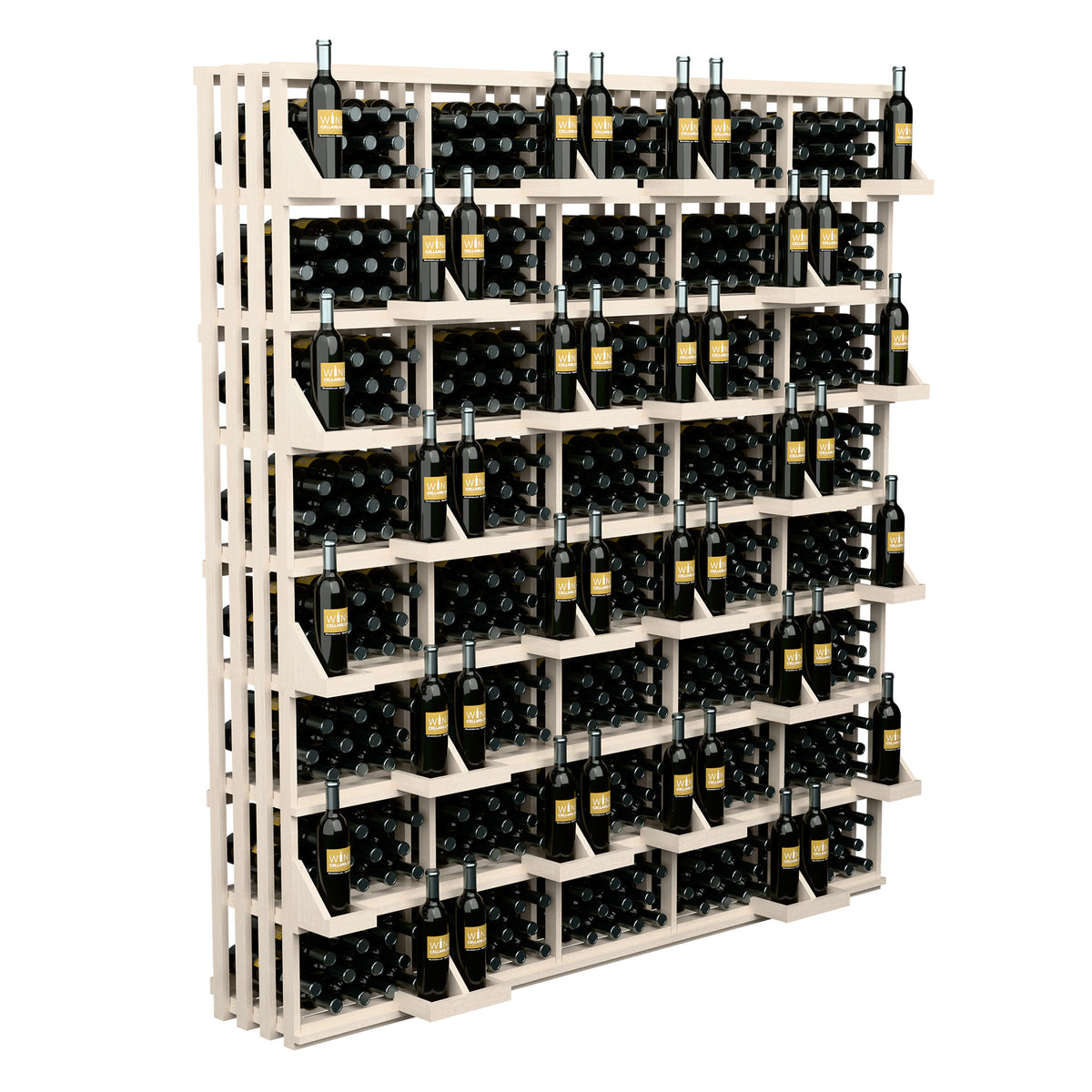 Angled view of white wooden wine bottle rack with tiered bins for bottled wine