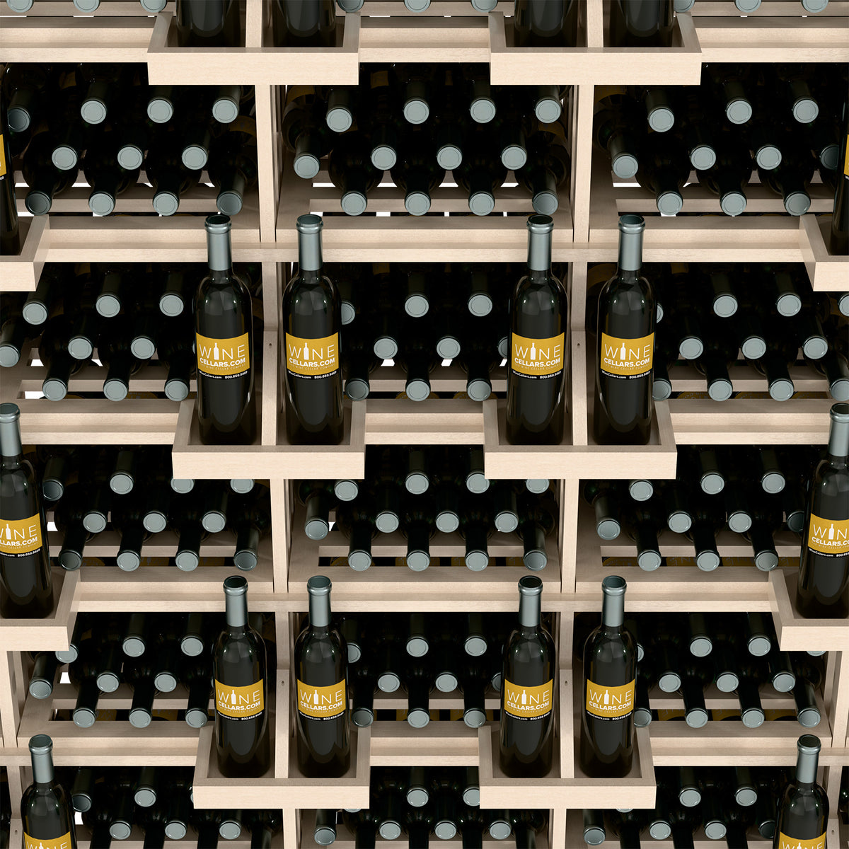 Close-up of tiered wooden wine bottle display with bottles in black dotted bins
