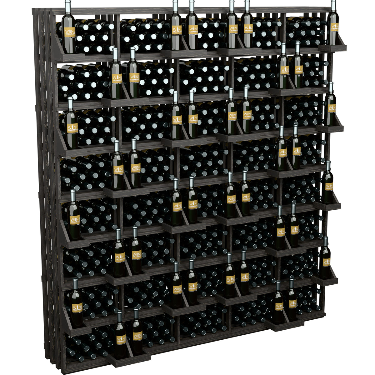 Black wine bottle wall display rack with tiered shelves and rows of filled bottles