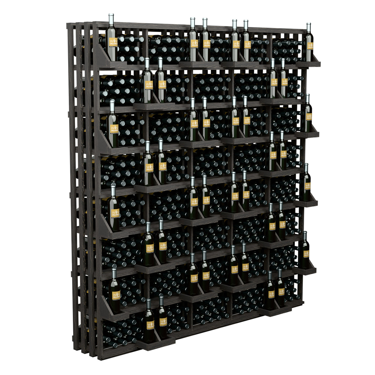 Wood wine bottle wall display with 520 slots and bulk bins, dark racks with bottle holders