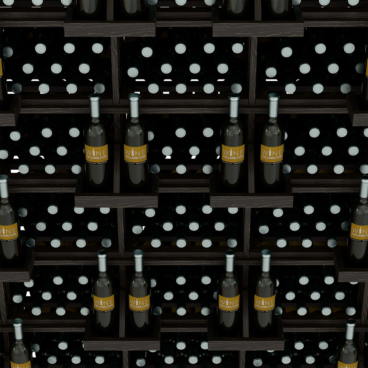Dark wood wine bottle wall display with grid shelves and rows of bottles