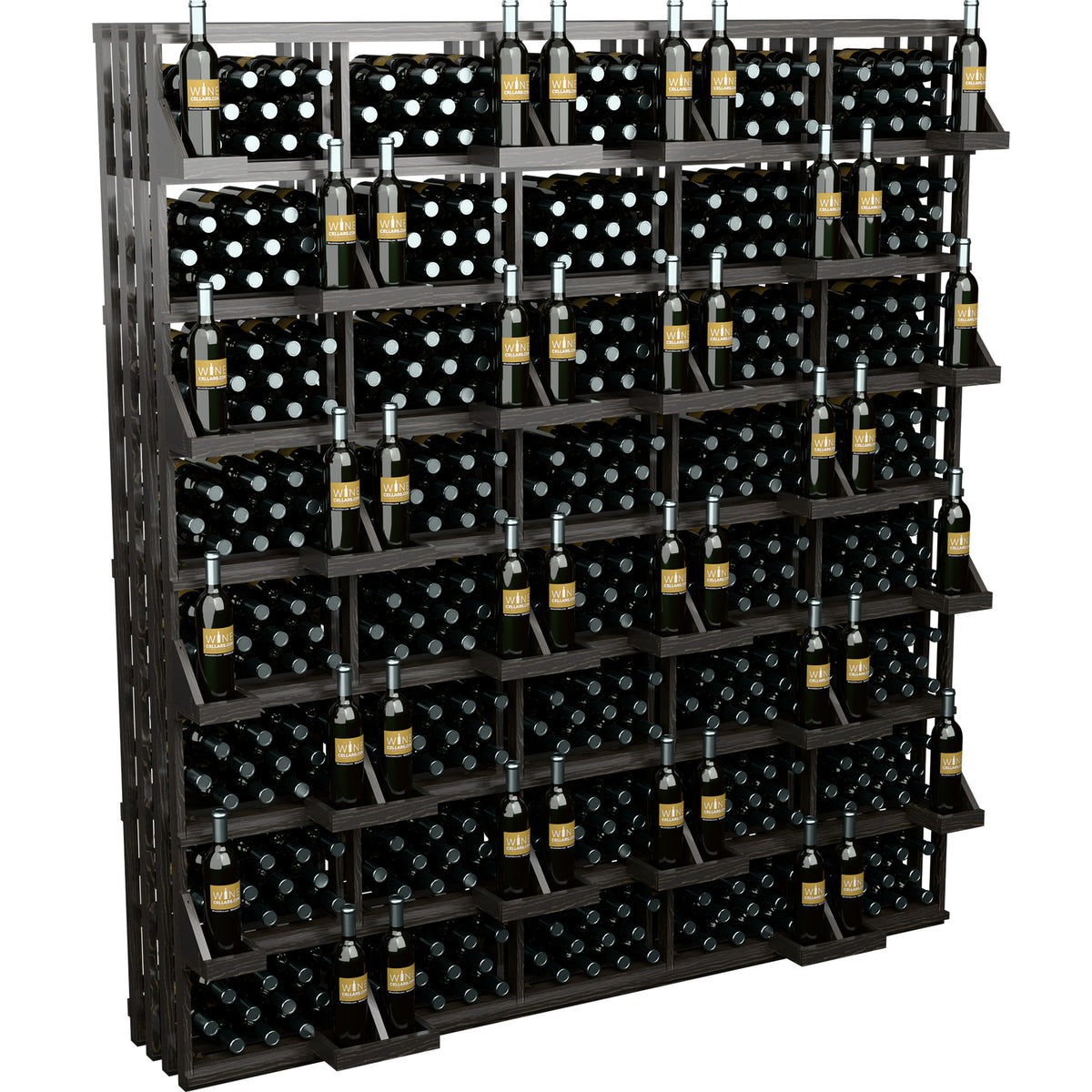 Wine bottle wall display with black bulk bin shelves and upright bottle rows