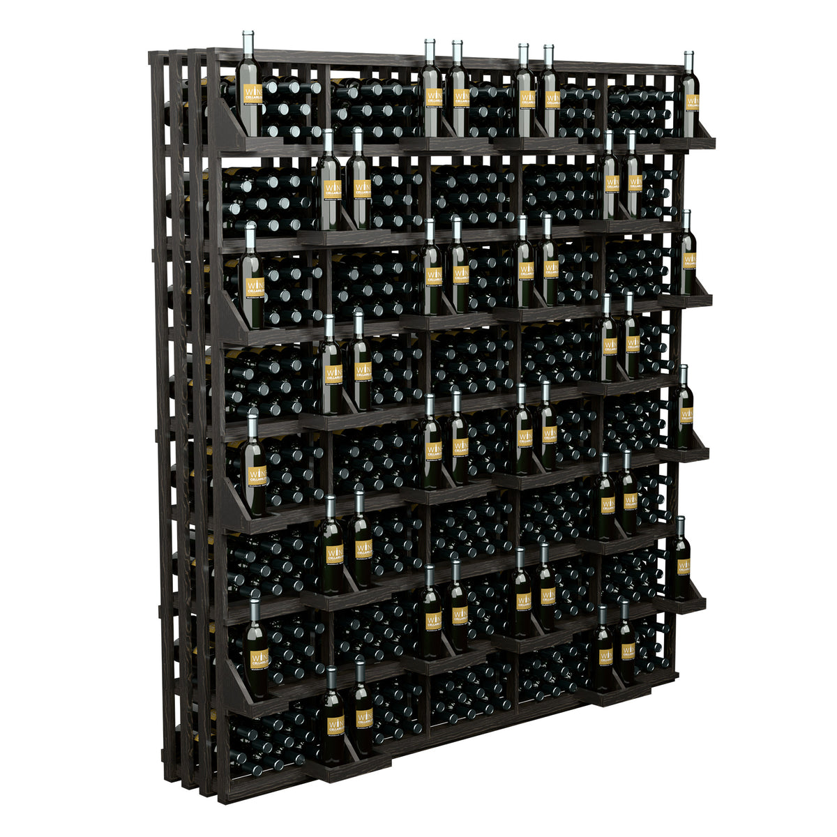 Commercial wine bottle wall display with black bulk bins and multi-tier bottle storage