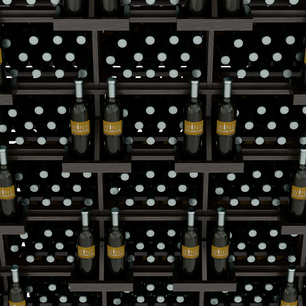 Close-up of wine bottles in black bulk bin sections with white dot holders