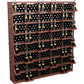 Red-stained wine display wall rack with multiple shelves and bottles in black bins