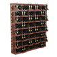 Wood wine bottle wall display with 520 slots and bulk bins, reddish-brown racks
