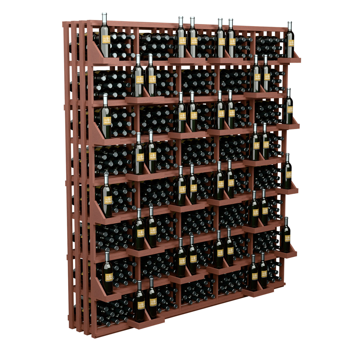 Wood wine bottle wall display with 520 slots and bulk bins, reddish-brown racks