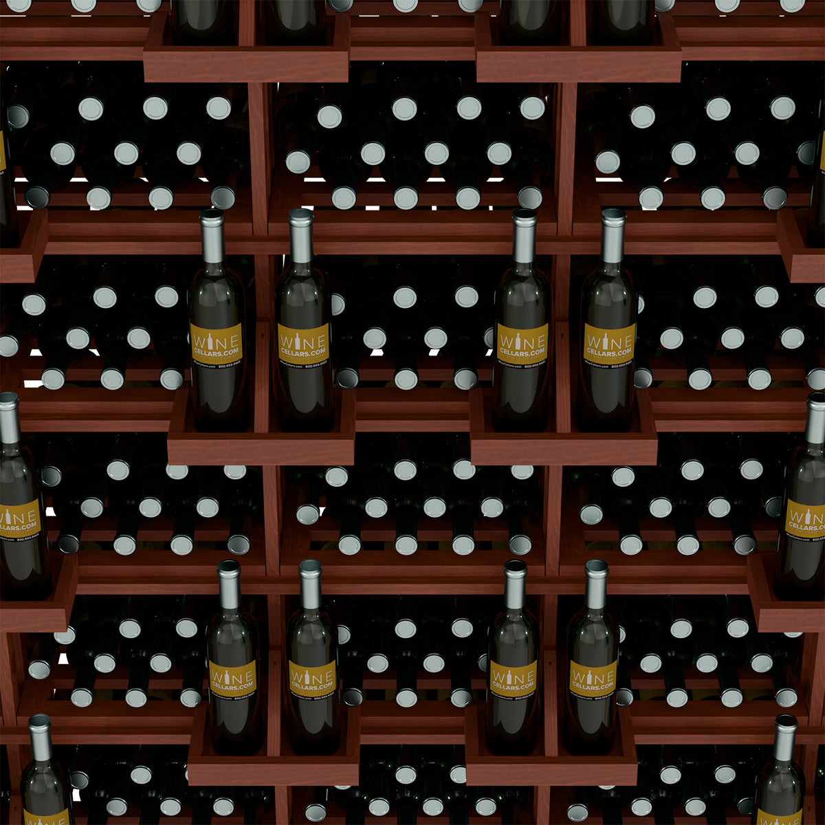 Brown wood wine bottle wall display with stacked shelves and bottles in grid pattern