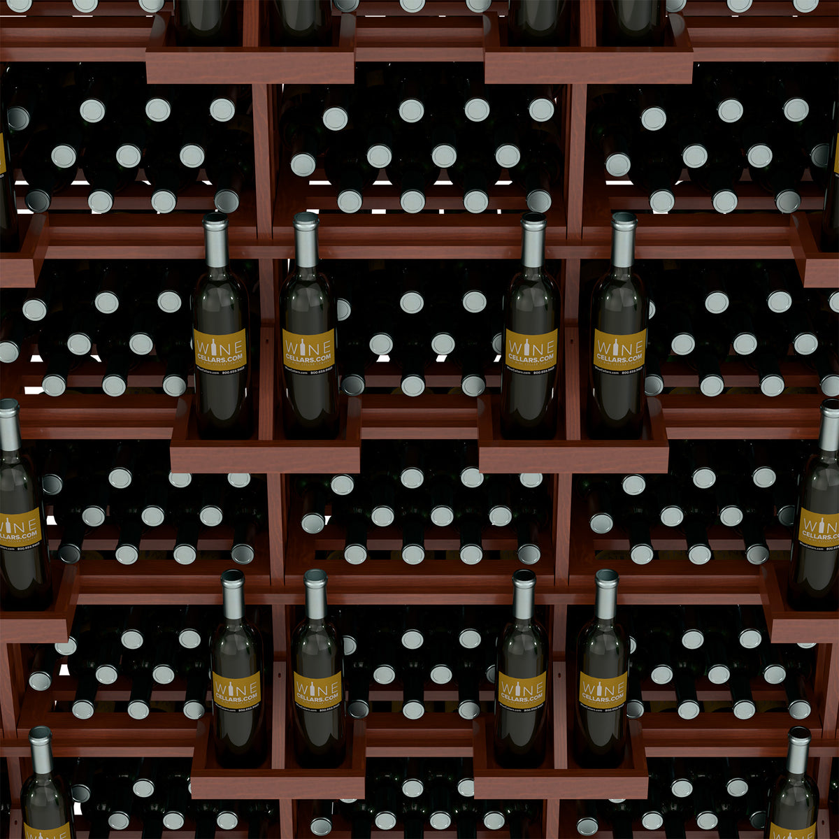 Close-up of wine bottles in brown wood grid shelves with black dot backing