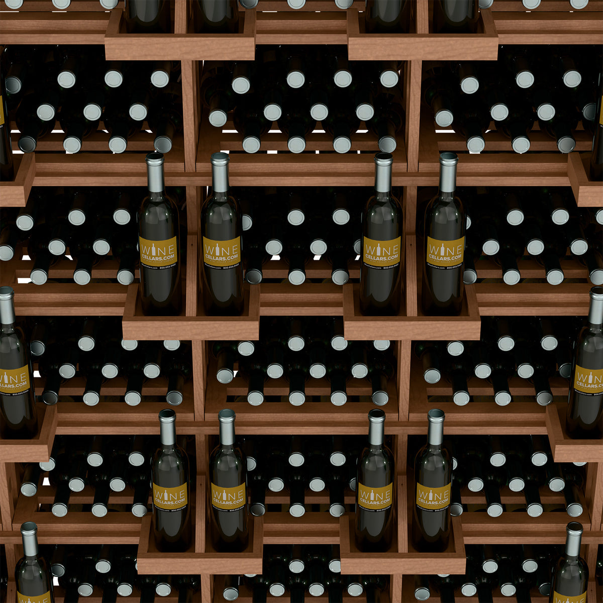 Wine bottle wall rack showing filled grid slots, wooden dividers and labeled bottles