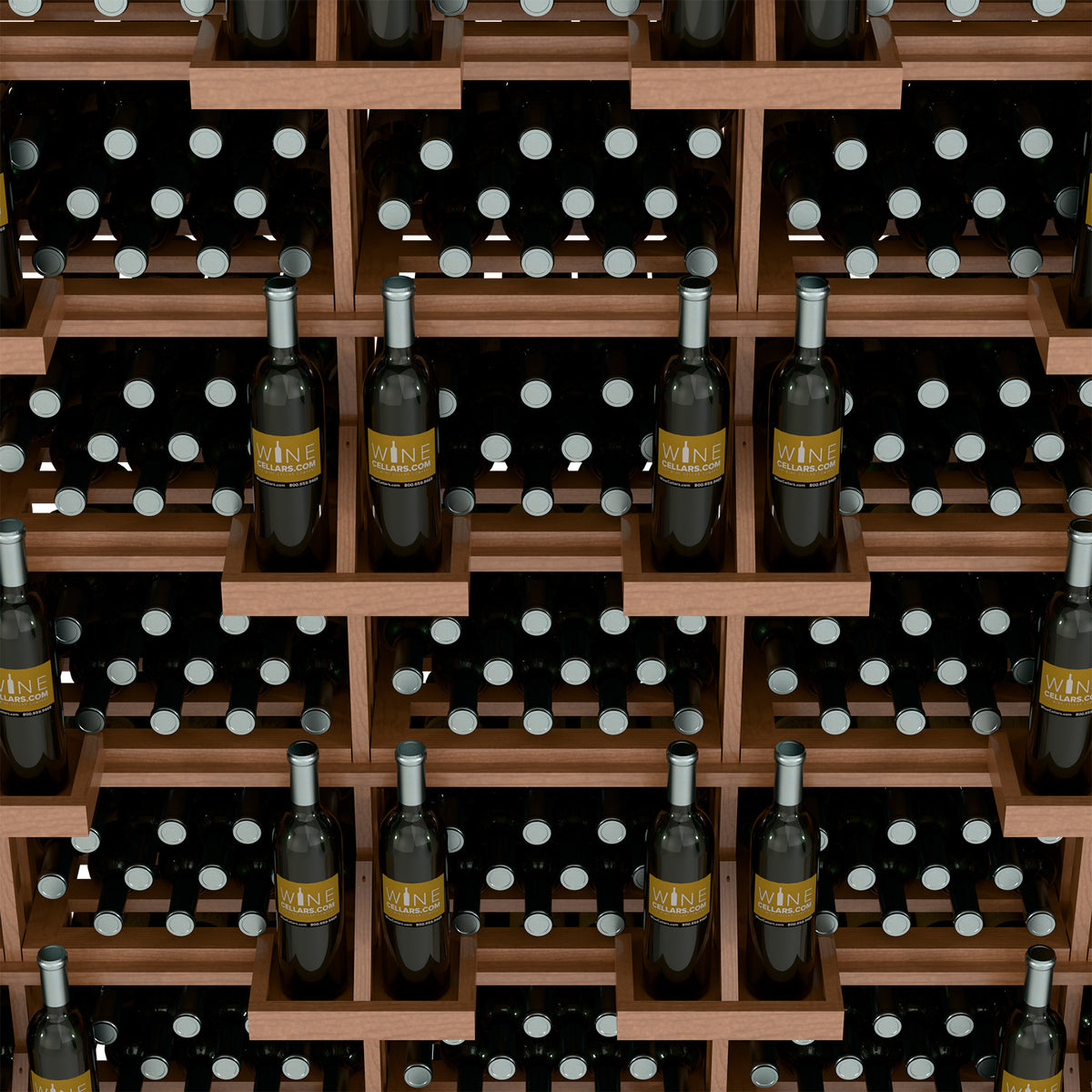 Close-up of wine bottles in light wood wall display bins with white dot holders