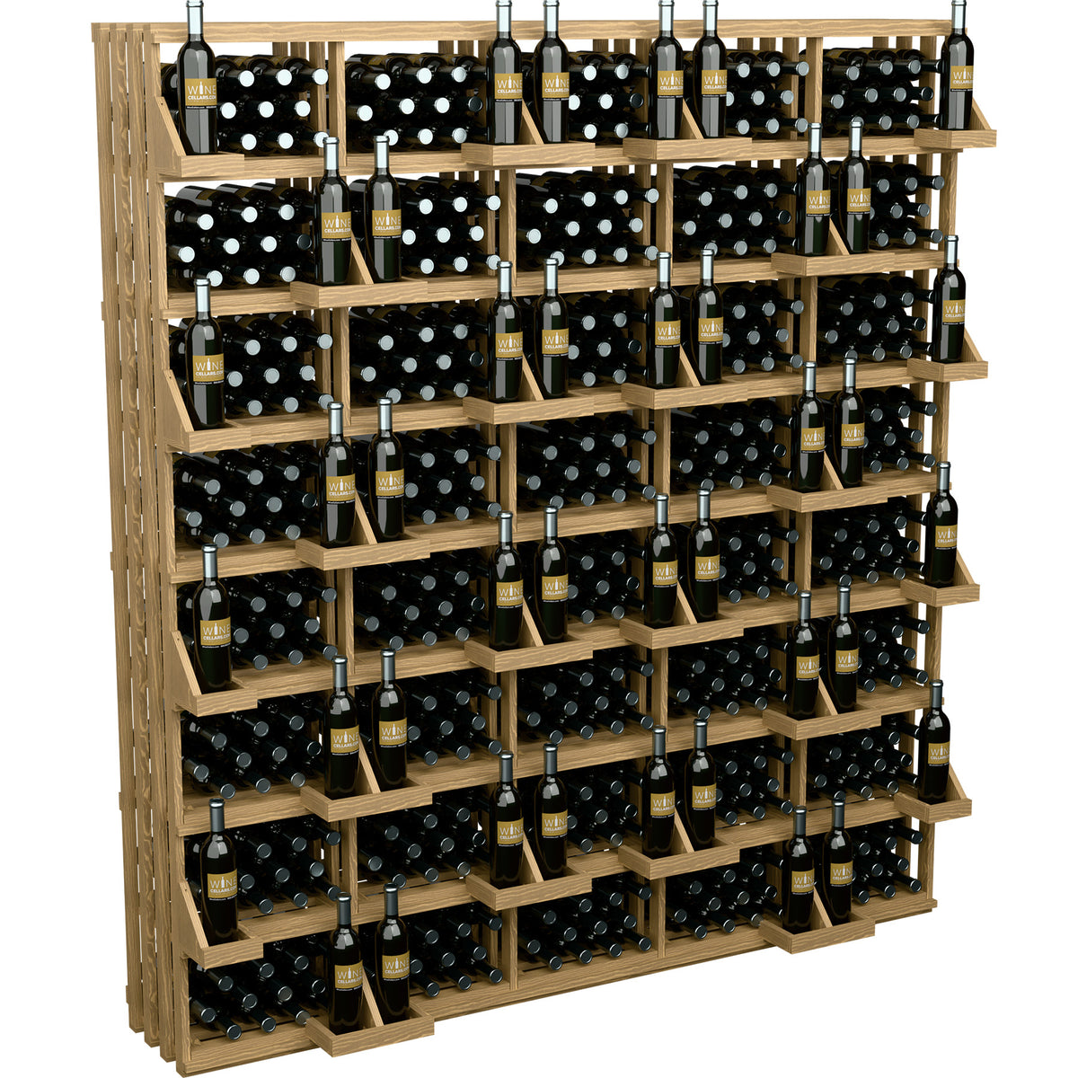 Wine bottle wall display with stacked wooden shelves and black bin inserts for bottles