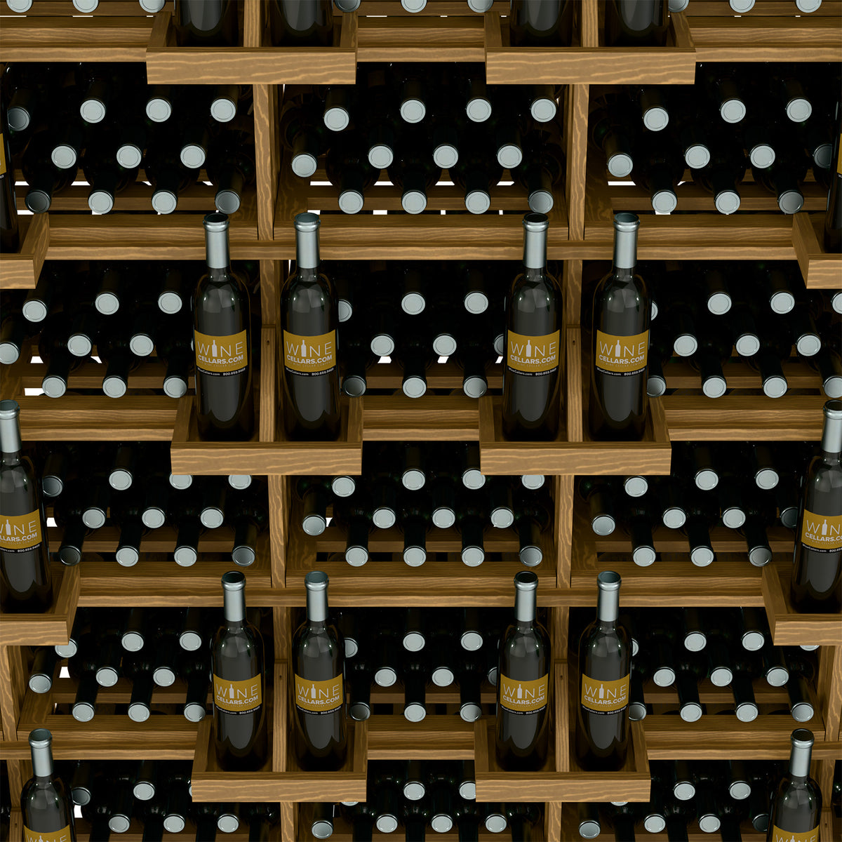 Close-up of light wood wine rack with bottles in black grid-style bulk storage
