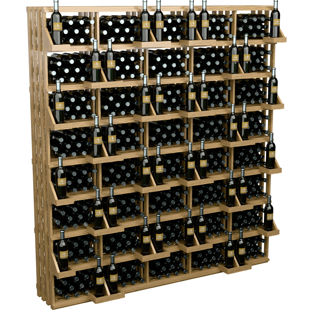 Wine bottle wall display with light wood shelves and black bulk bin sections for bottles