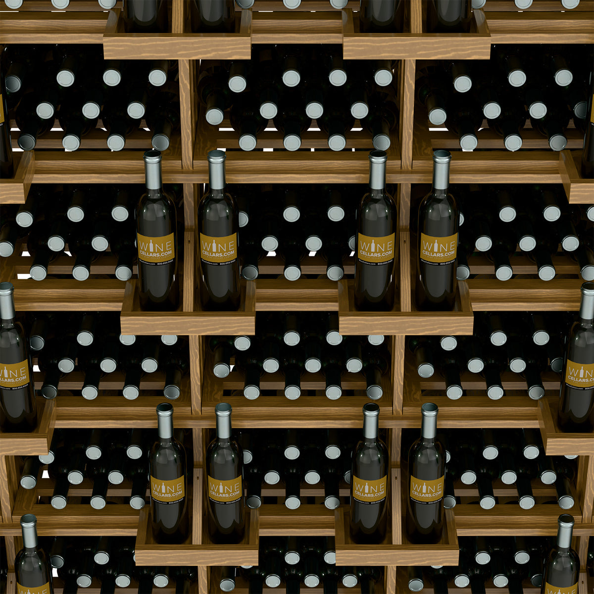Wood wine bin rack with dark bottles in black compartments with white dot backing