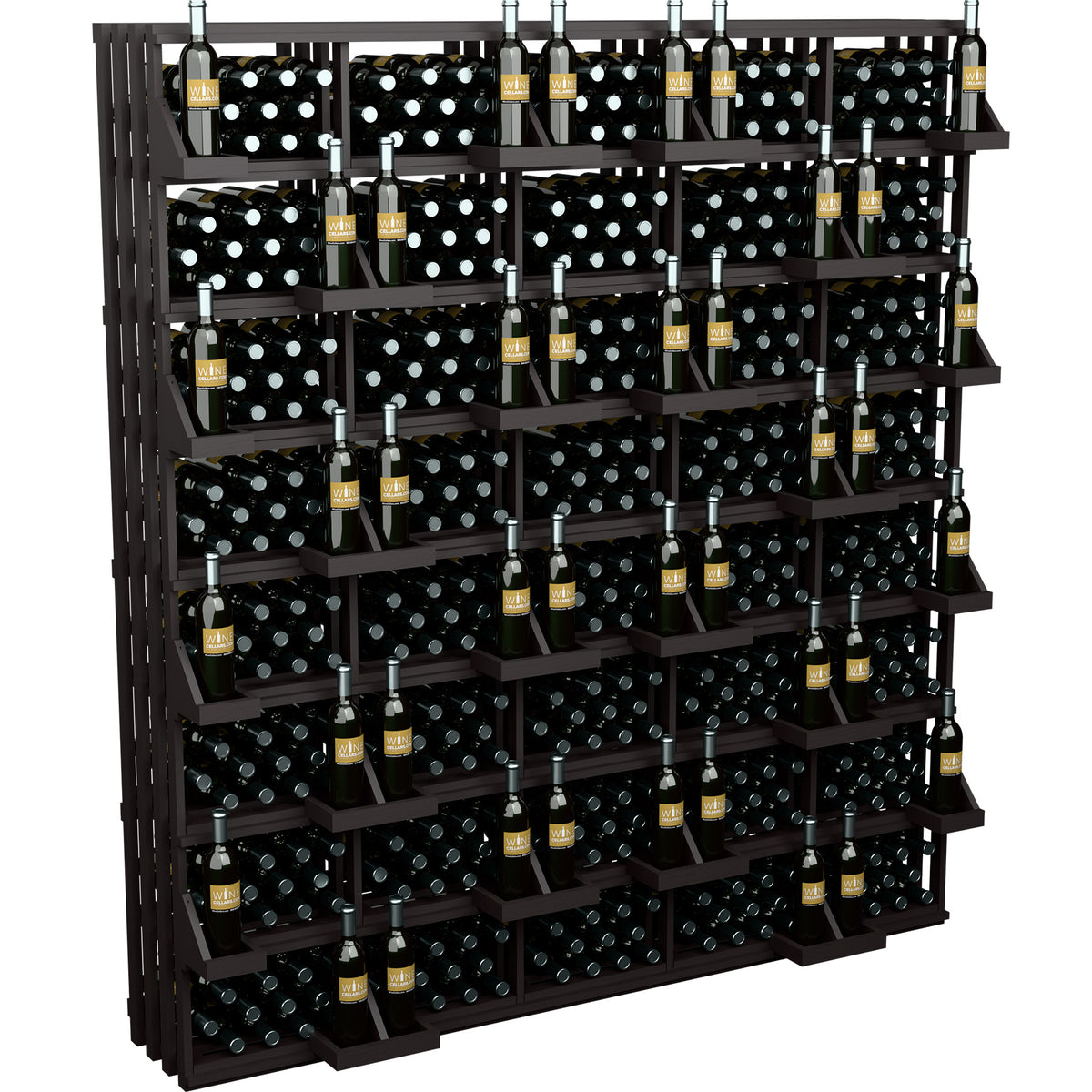 Commercial wine bottle wall display with dark wood shelves and bulk storage bins