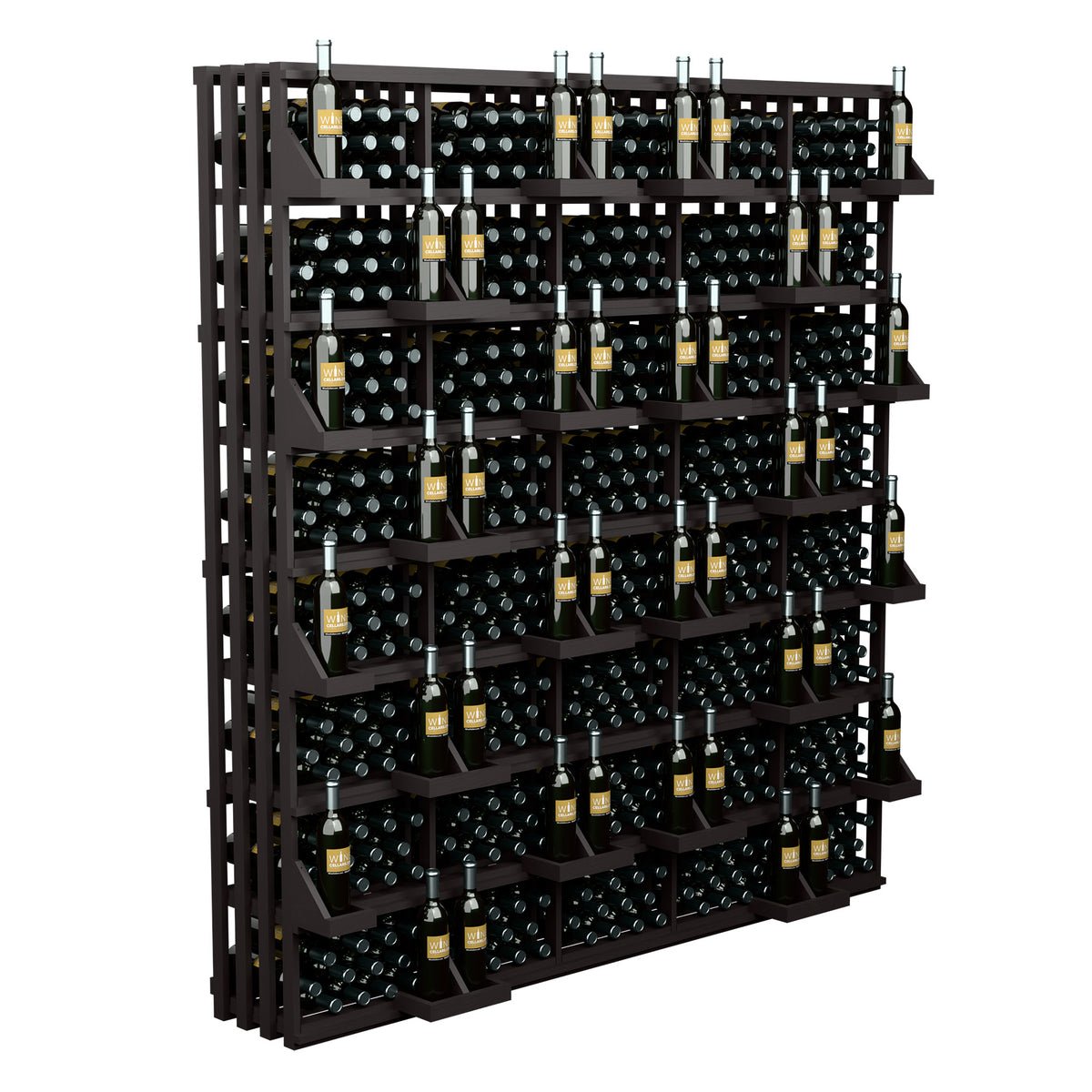 Commercial wine bottle display rack with bulk bins, dark wood shelves holding bottles.