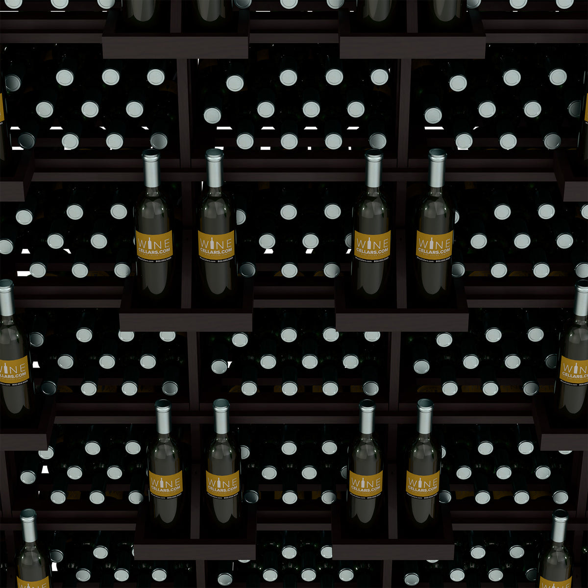 Wine bottle wall display rack with bulk bins, dark wood shelves with multiple bottles.