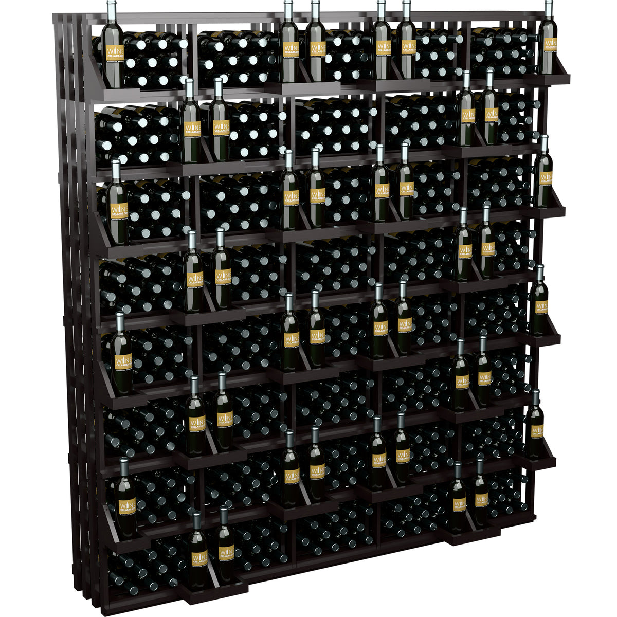 Dark wood 520-bottle wall wine display with black dot-pattern bottle bins