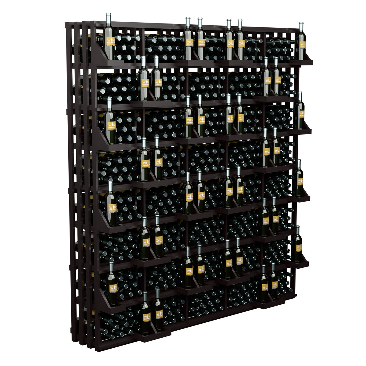 Espresso 520-bottle wall wine display with black bottle bins and wooden shelves