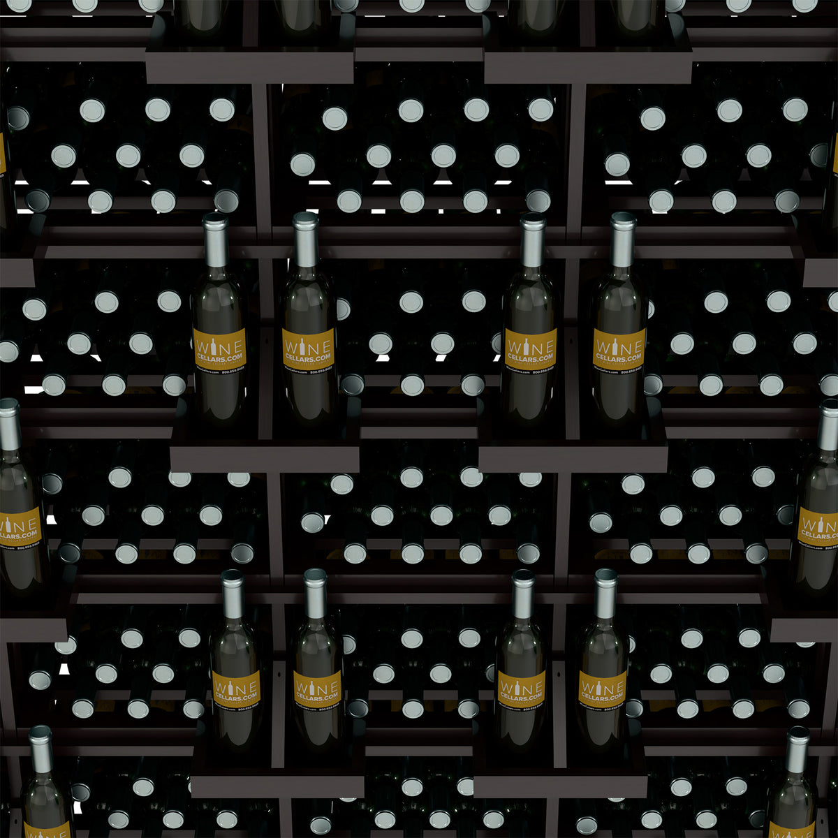 Close-up of dark wine bottles in black bin openings with white dot pattern