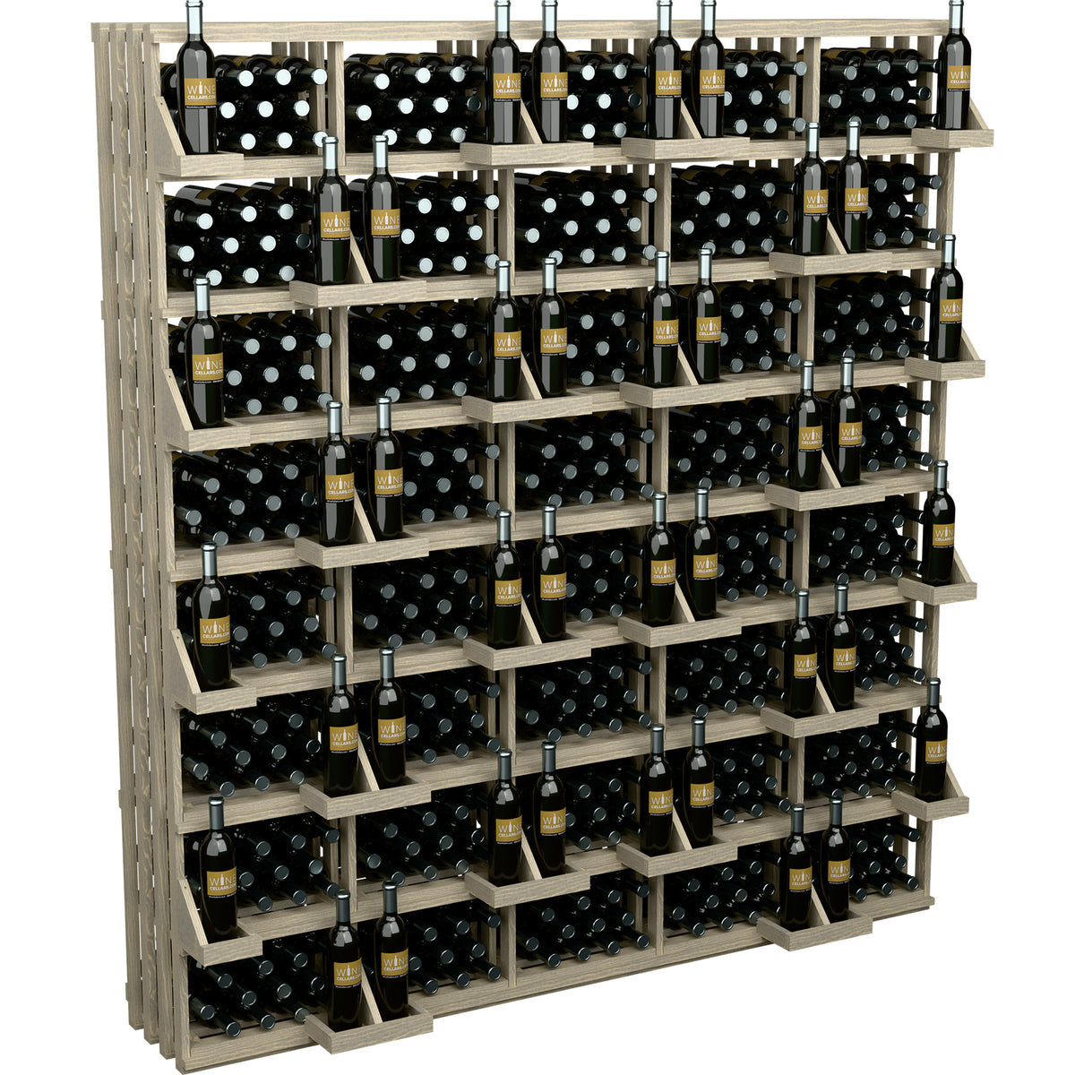 Light wood wine bottle wall display with multiple shelves and filled black storage bins