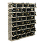 Wood wine bottle wall display with 520 slots and bulk bins, pale wood racks and dividers