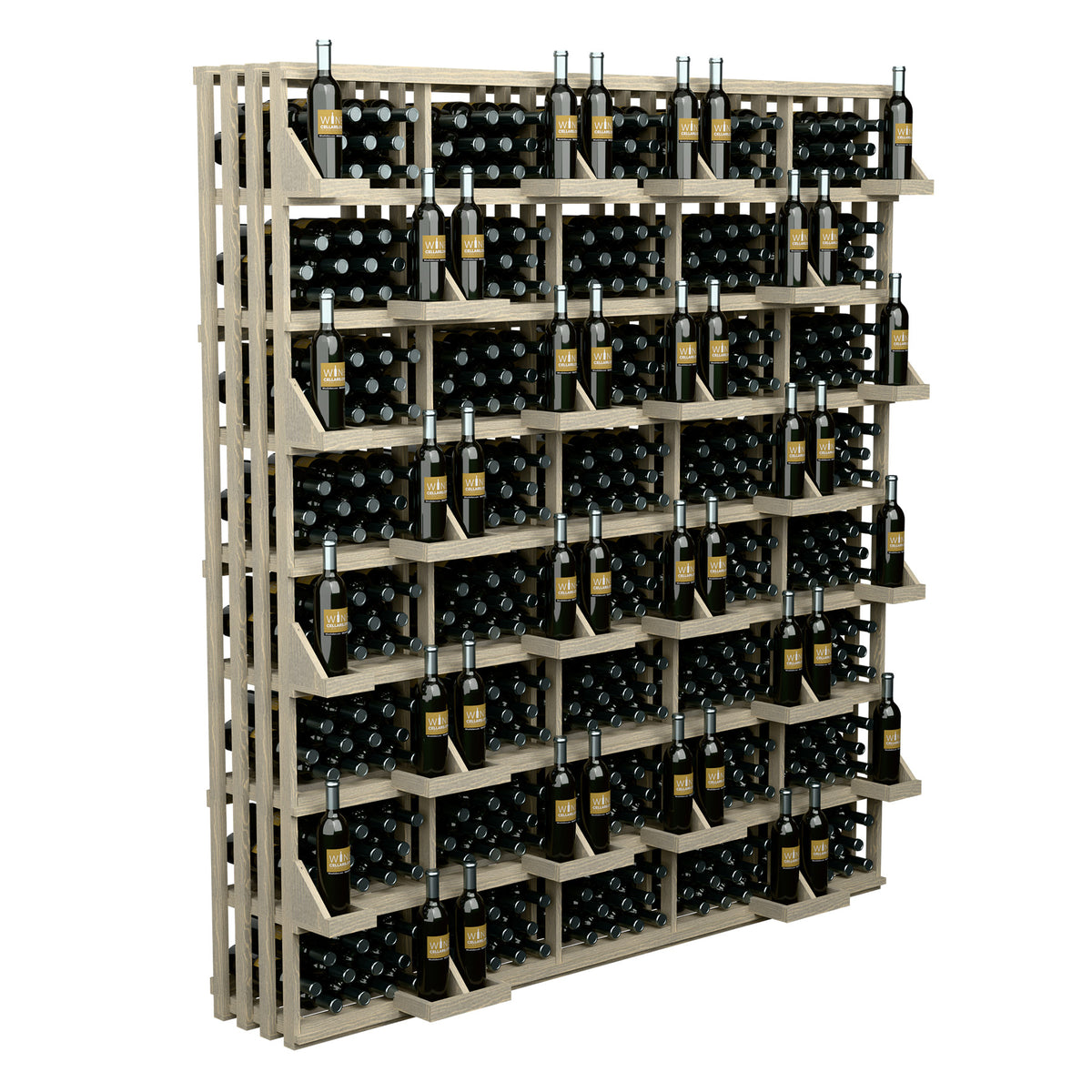 Wood wine bottle wall display with 520 slots and bulk bins, pale wood racks and dividers