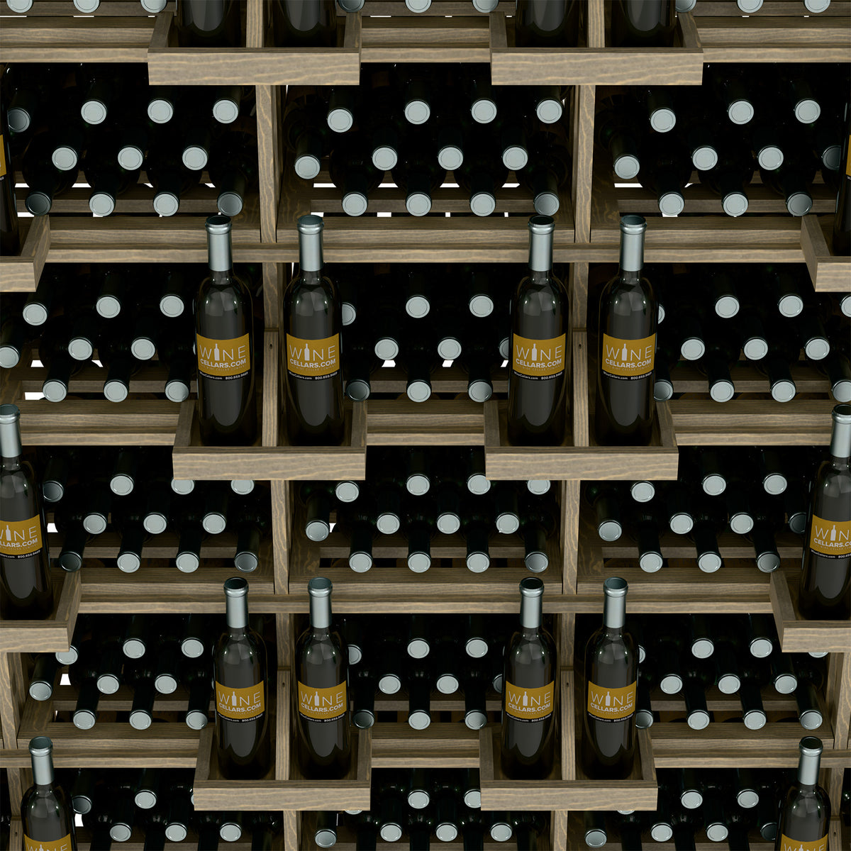 Wine bottle display with bulk bins, light wood shelves filled with wine bottles