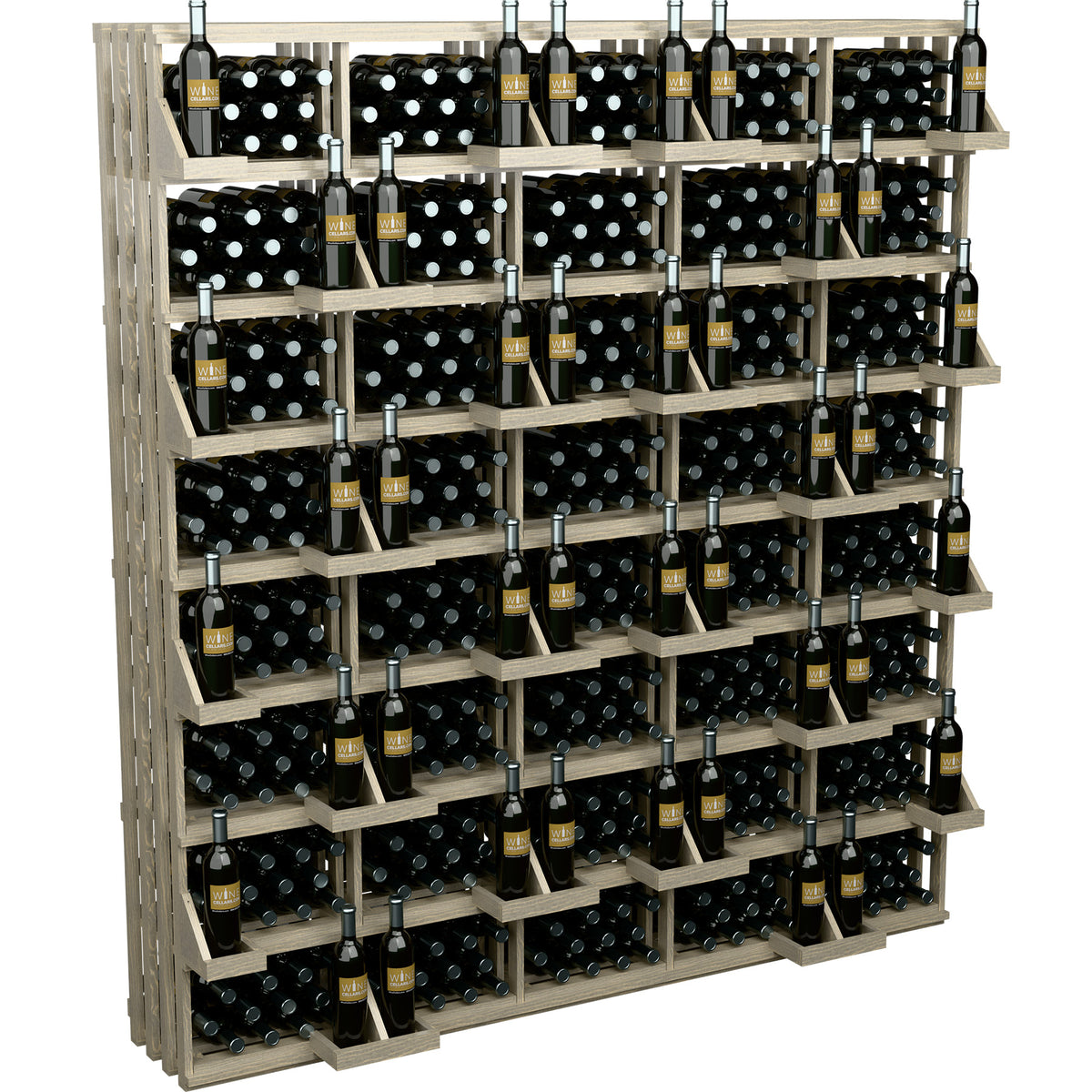 Light wood 520-bottle wall wine display with stacked bottle bins and side slats