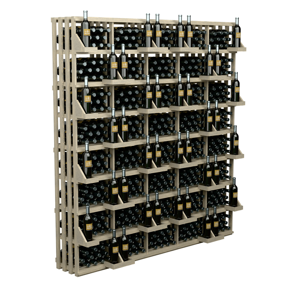 Light wood 520-bottle wall wine display, full front view with rows of bottles
