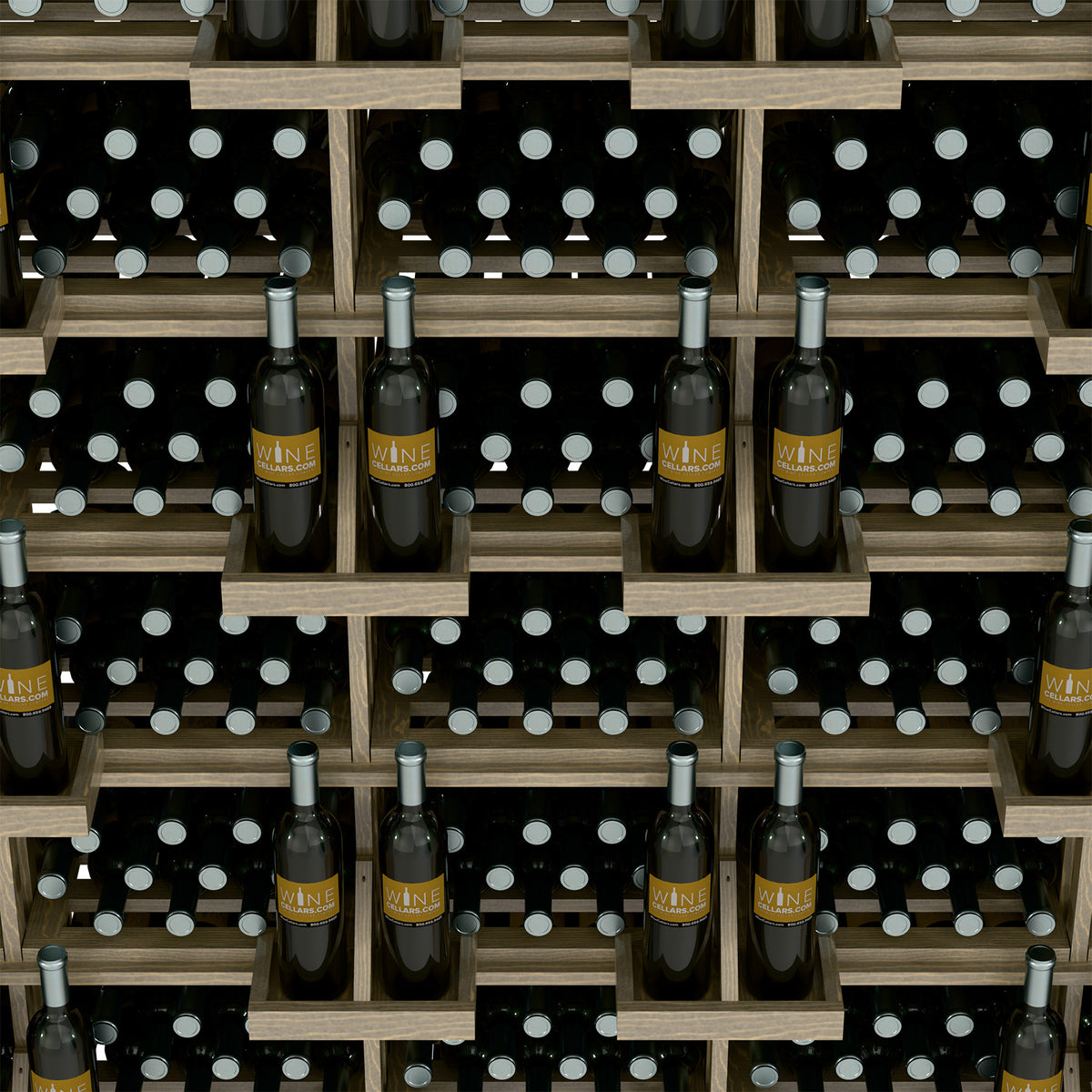 Close-up of dark wine bottles in black bins with white dot backing