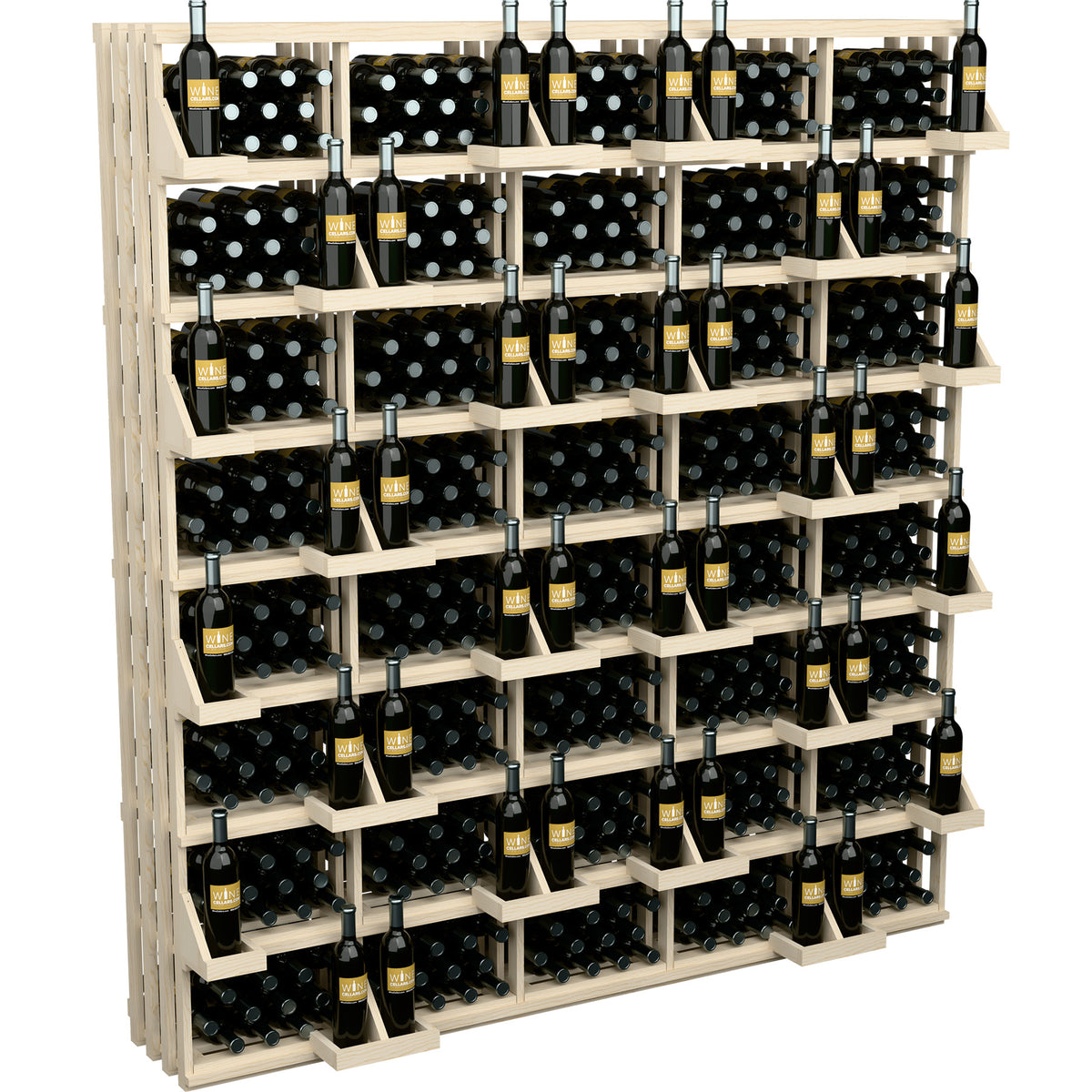 Wine bottle wall display rack with wood shelves and black bulk bins, holding wine bottles