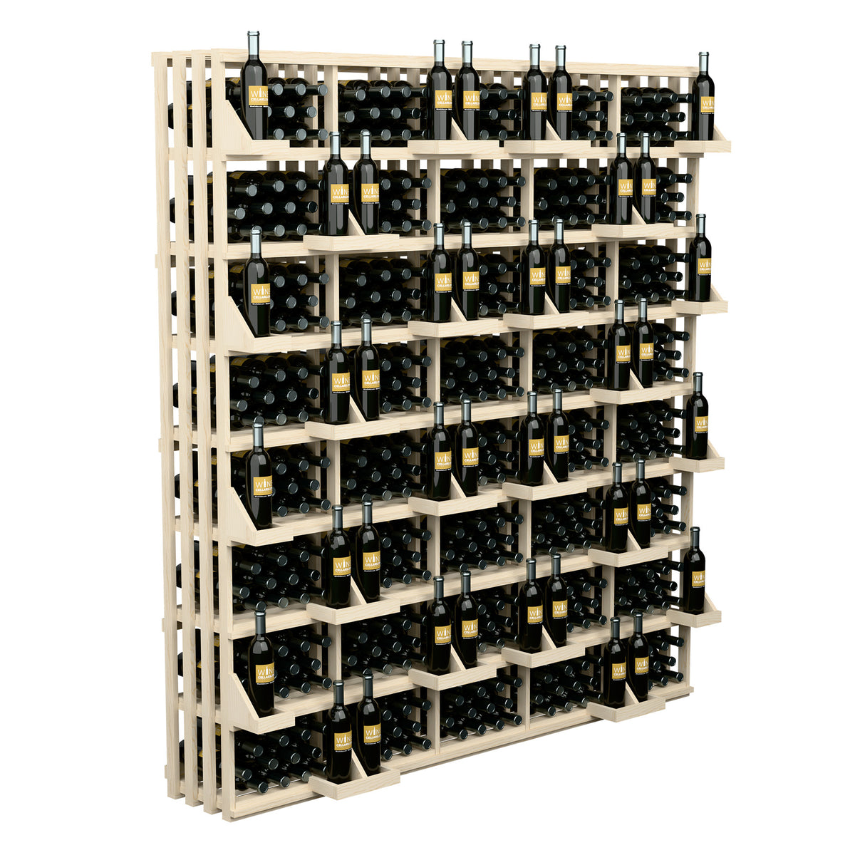 Light wood commercial wine bottle wall display with bulk bins and many bottle slots