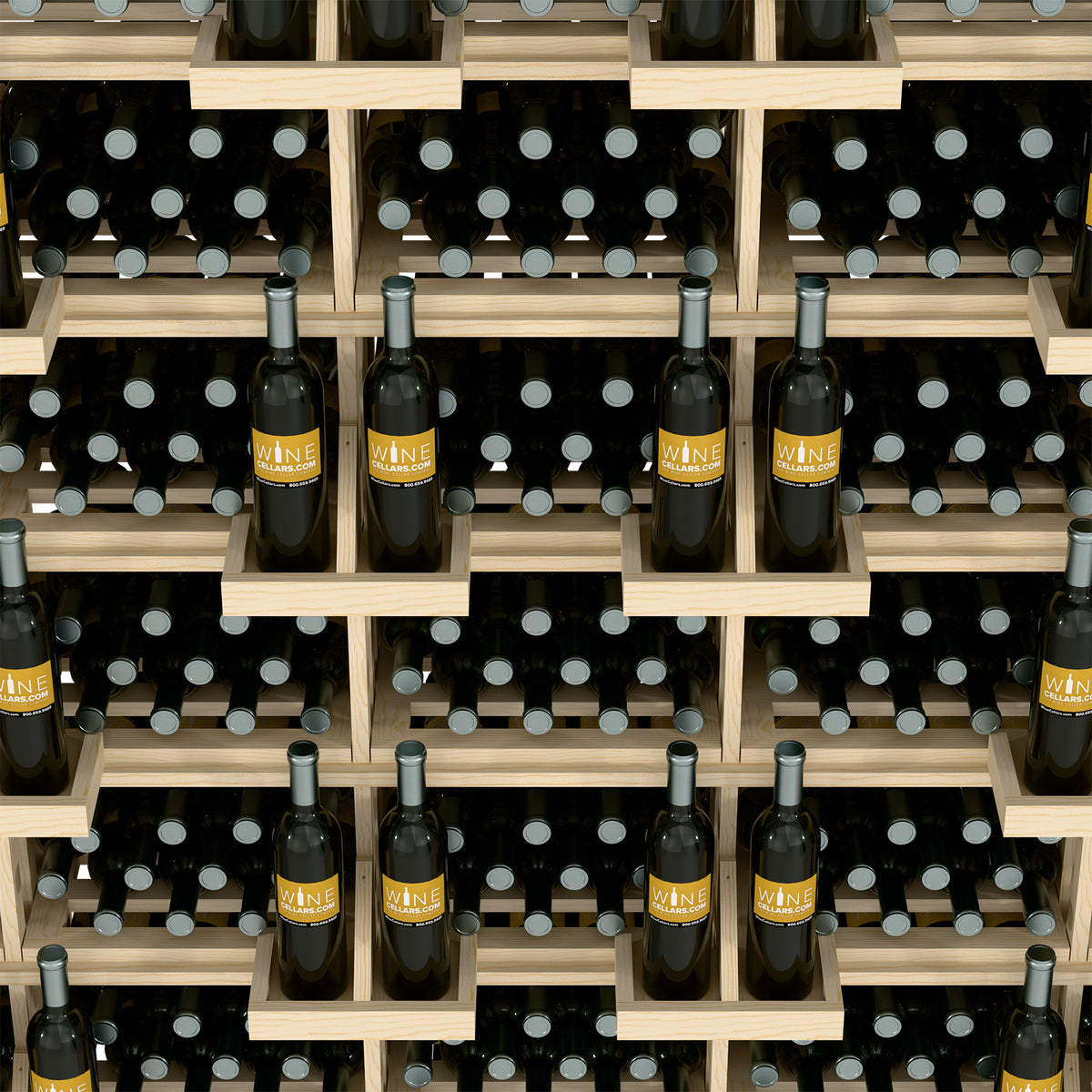 Wood wine rack close-up with bottles in black bulk bin compartments