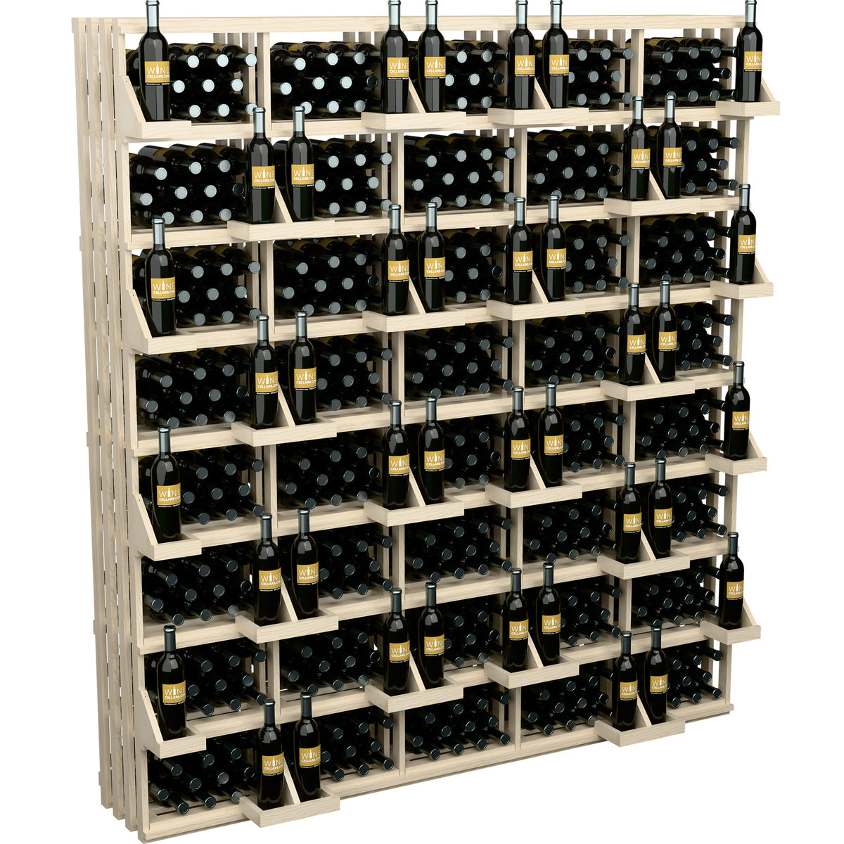 Light wood 520-bottle wall wine display with multiple rows of dark bottles