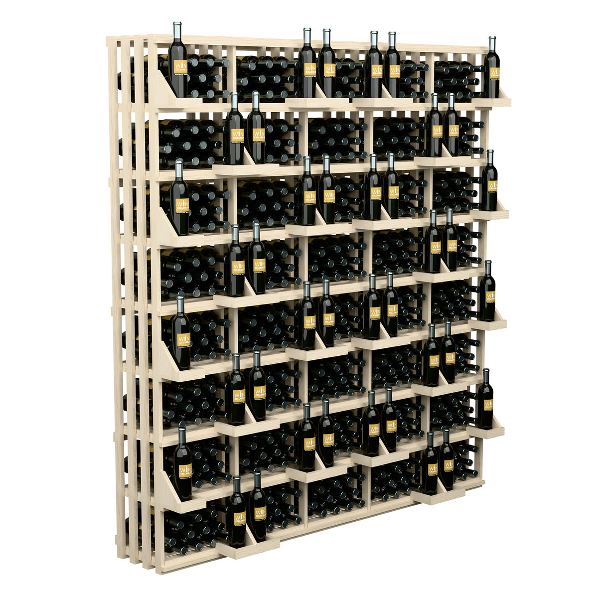 Light wood 520-bottle wall wine display with side slats and stacked bottle bins