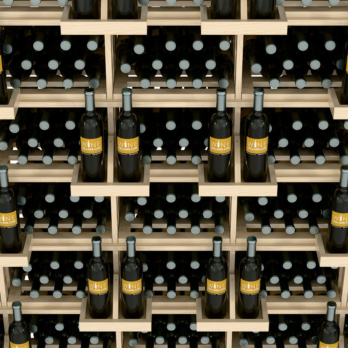 Wood wine bottle display with open grid shelves holding multiple dark bottles