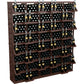 Commercial wine bottle wall display with brown frame, dark bins, and filled shelves