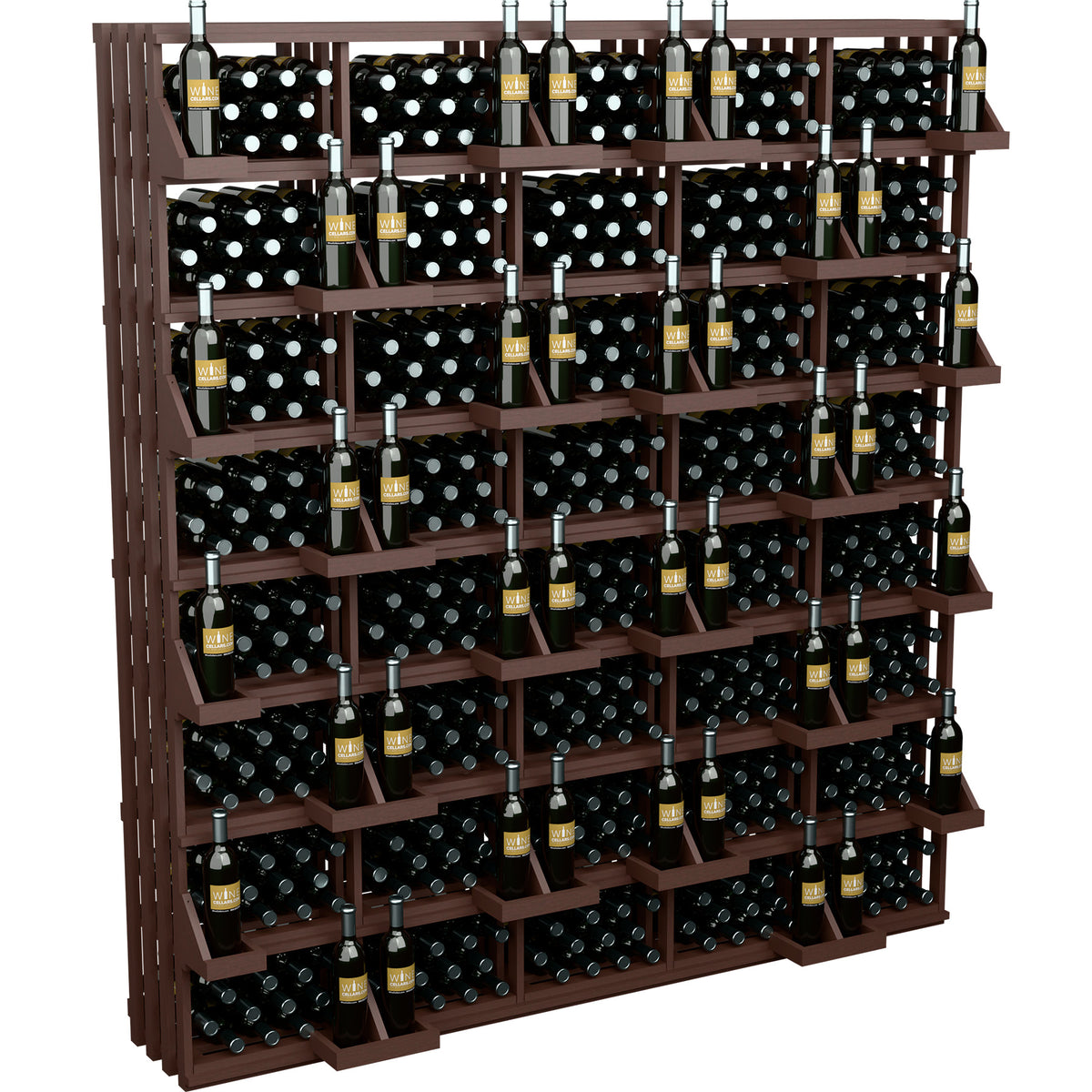 Commercial wine bottle wall display with brown frame, dark bins, and filled shelves