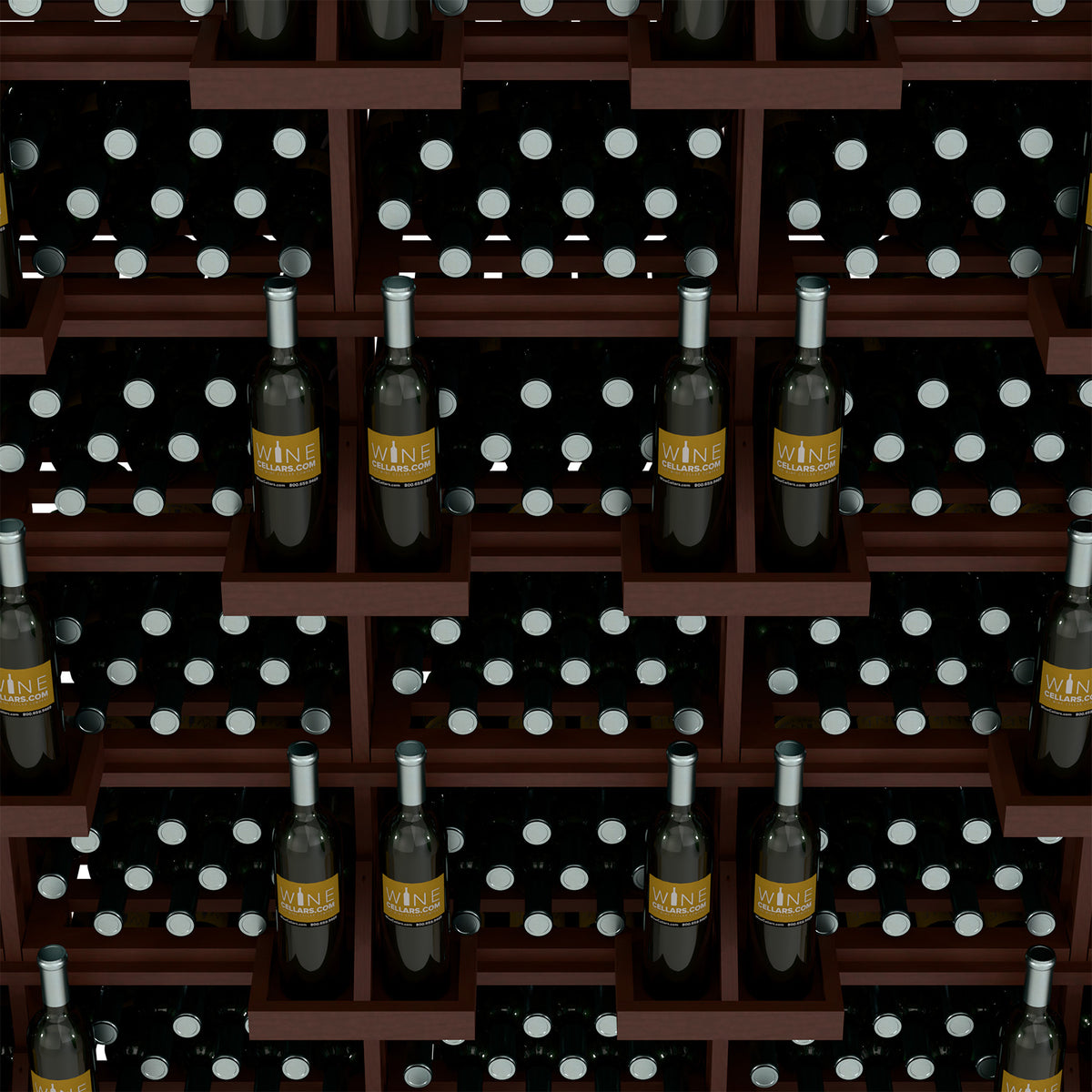 Wood wine bottle wall display with cubby shelves and standing bottles