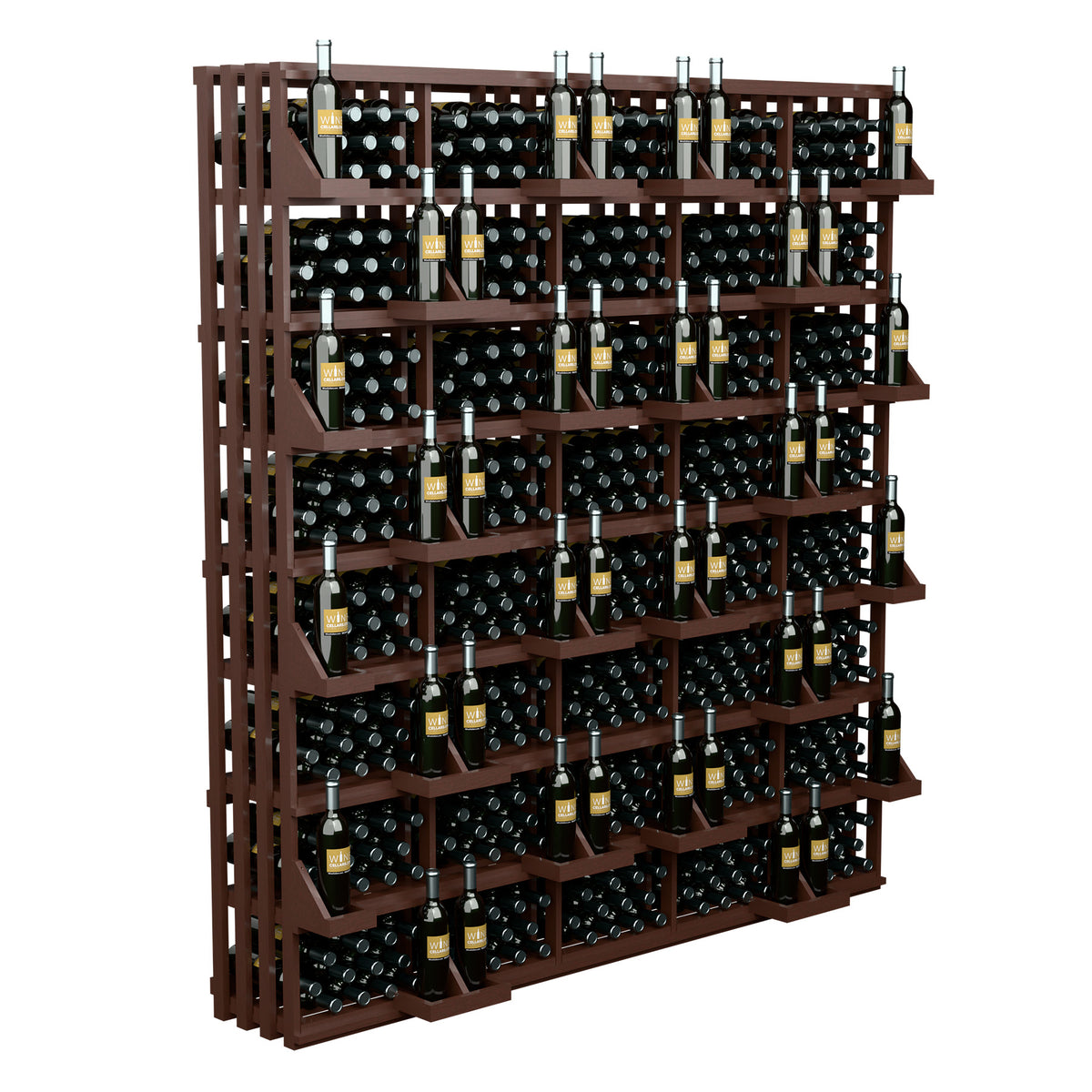 Brown wood wine bottle display rack with stacked horizontal rows for bottles