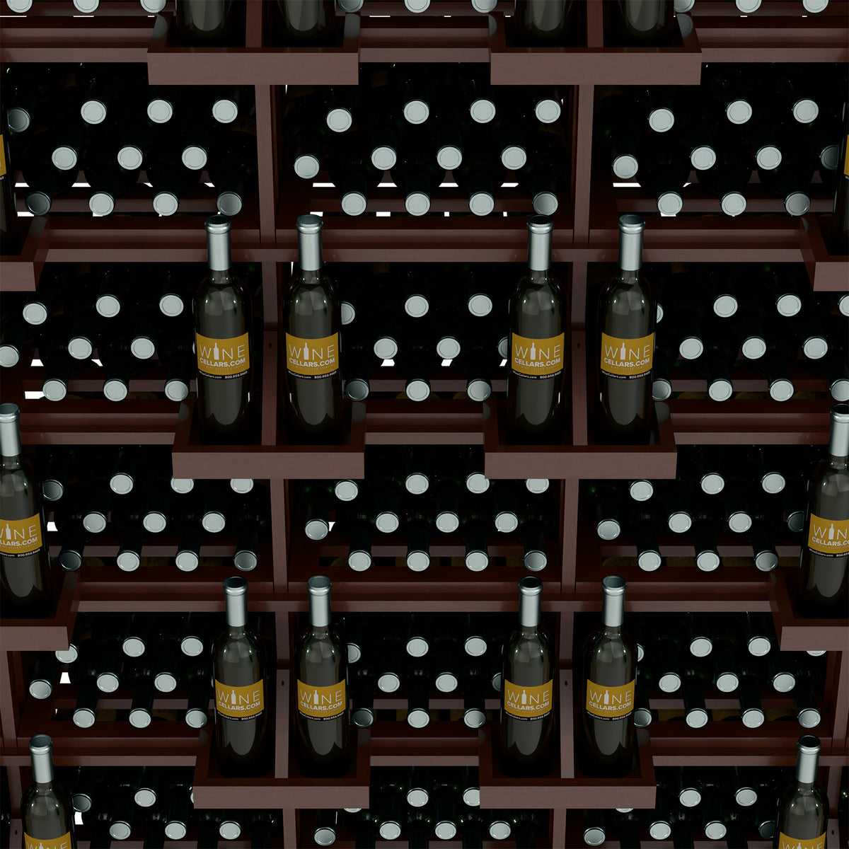 Dark wood wine bottle display showing close-up front row of bottles on shelves