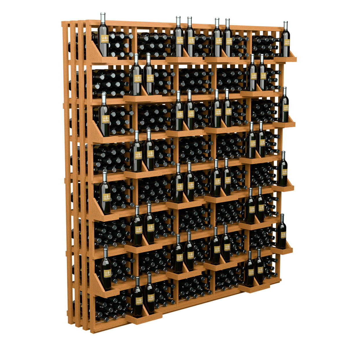 Red-brown wood wine bottle wall display rack with multiple shelf rows of filled bottles