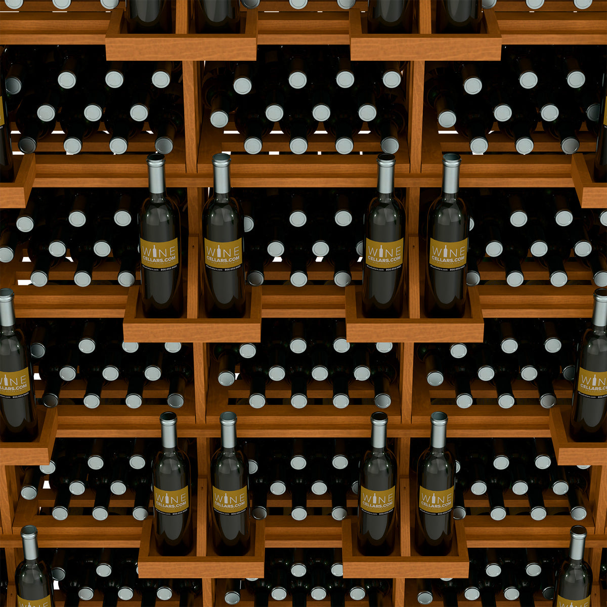 Wine bottle storage bins with light wood dividers and dark bottles with labels